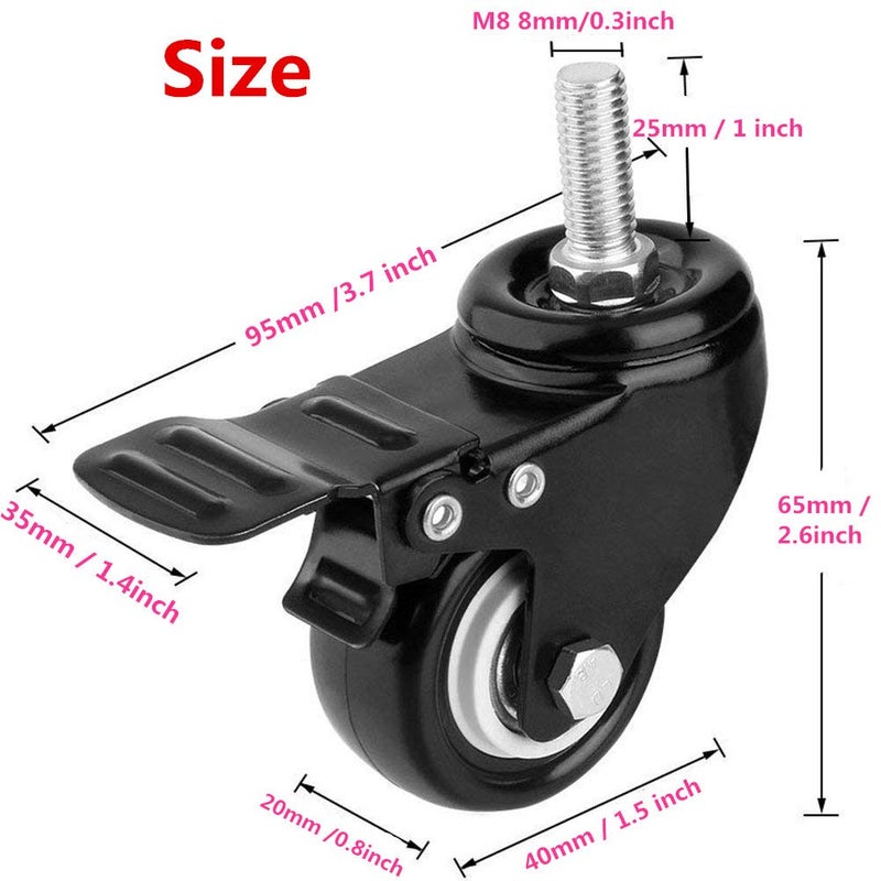 Youngine 4 Pack, Youngine Locking Threaded Stem Mount 1.5"" Swivel Caster Rotation Polyurethane Castor Wheel and Brake for trolley, Carts, Furniture, Dolly, Workbench (Threaded Stem: 8 x 25mm) - Image 2